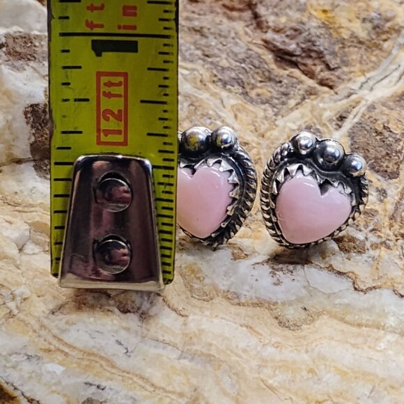 Pink Conch Shell Heart Earrings Sterling Silver Studs Native Southwest Style - Picture 3 of 5